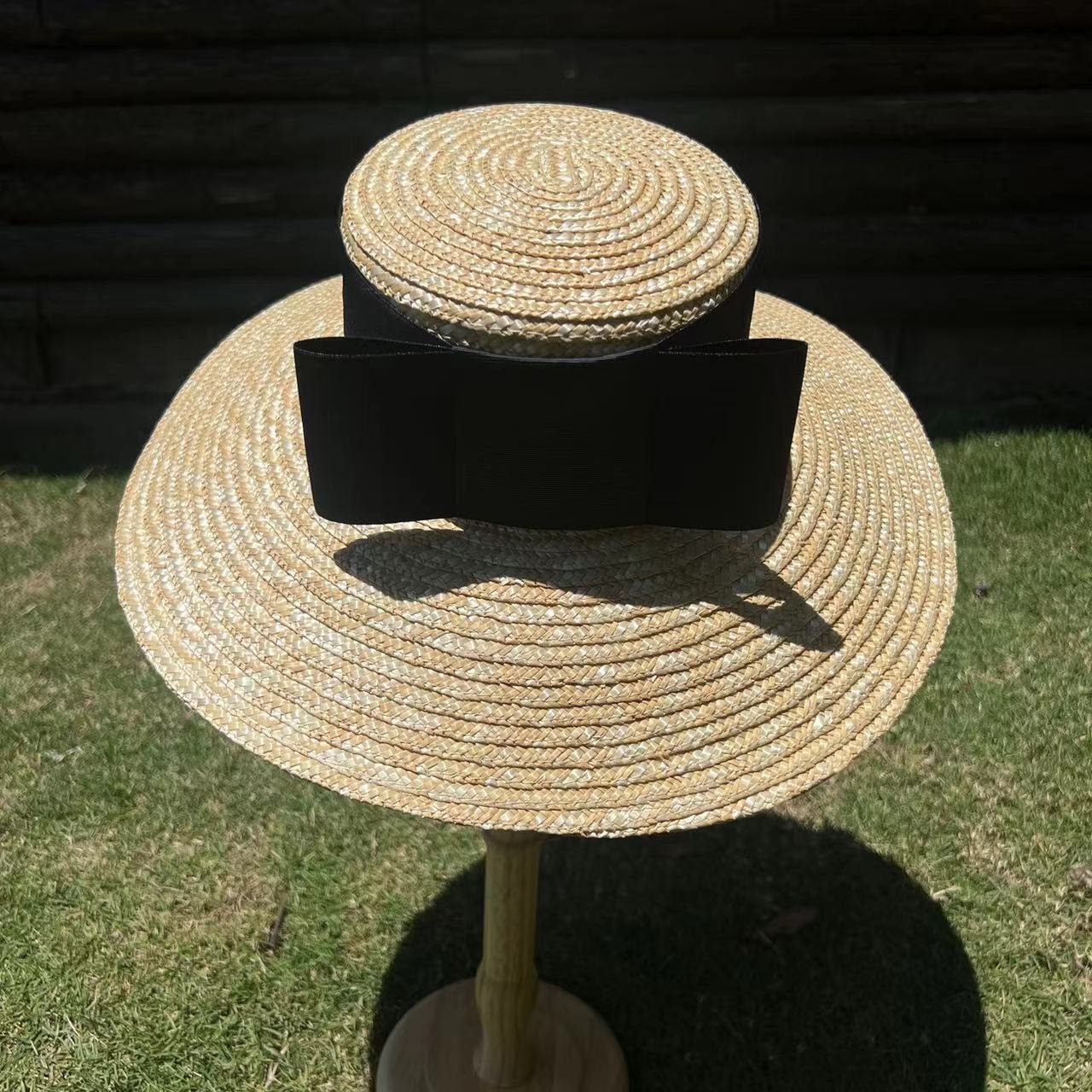 Laura Ashley Raffia Straw Hat Black Bow Rolled Brim Summer Garden Outdoor Flat Top Straw Hat for Students to Decorate the School Hat  main image 3