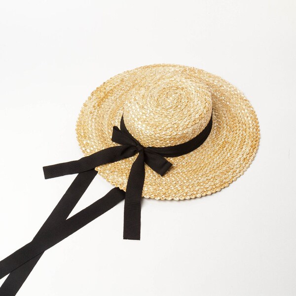 Bow binding pattern woven flat top straw hat outdoor travel beach straw hat