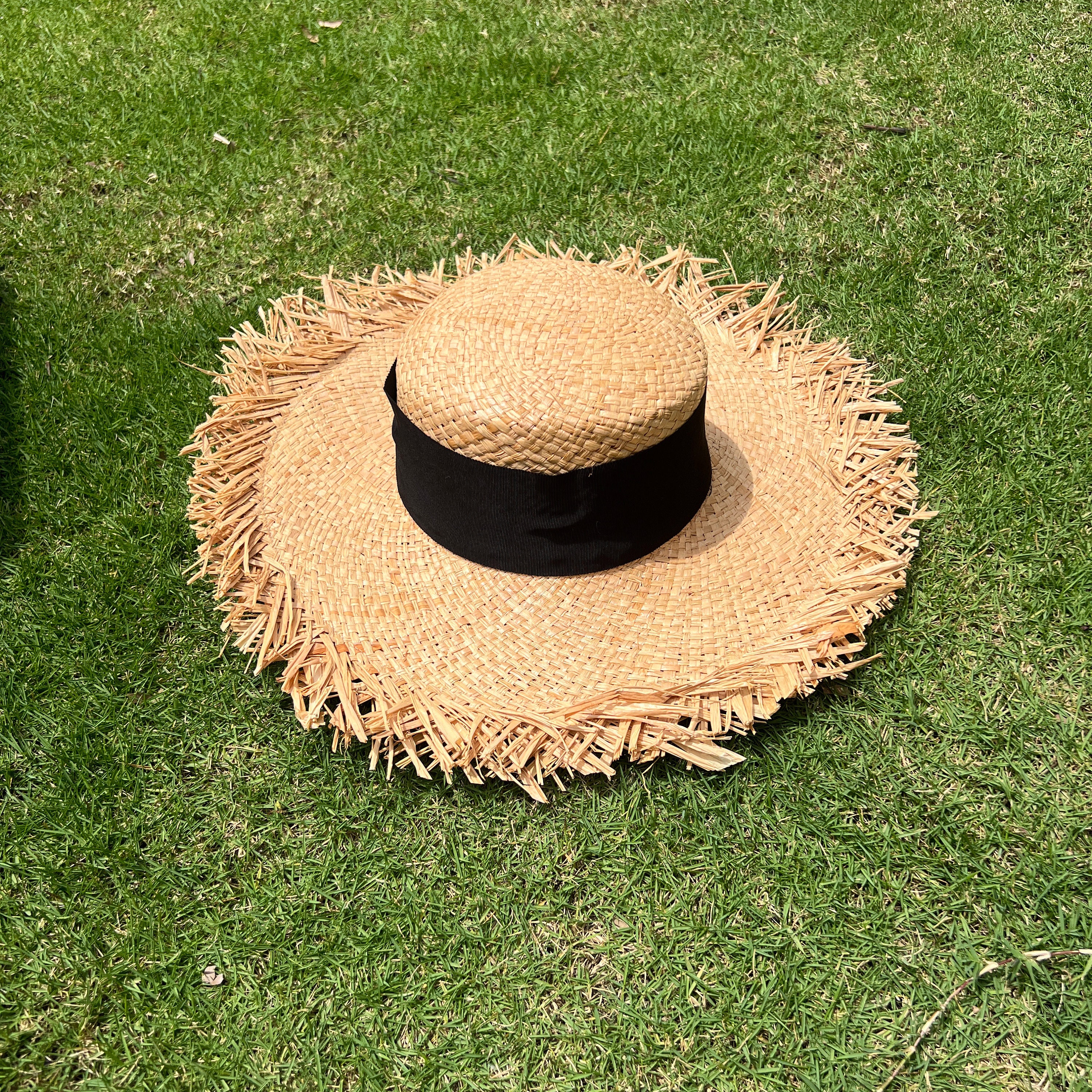 Hand Braided Raffia Fringed Ring Flat Top Straw Hat Sun 