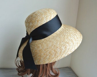 French retro summer sun hat holiday beach black big bell hat.Women's summer straw hat-Straw Hat -sun hat