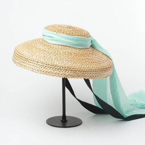 Retro plain top chiffon ribbon with wavy weave straw hat catwalk style sun hat image 3