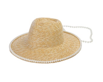 Pearl chain decoration straw straw jazz hat lady fashion outdoor beach sunshade straw hat