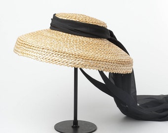 Retro plain top chiffon ribbon with wavy weave straw hat catwalk style sun hat