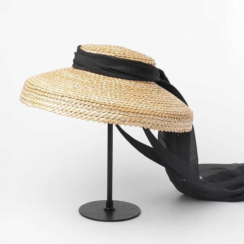 Retro plain top chiffon ribbon with wavy weave straw hat catwalk style sun hat image 1