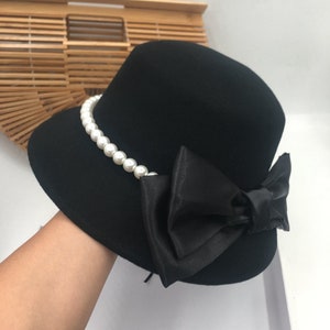 Pearl wool bow fisherman hat black versatile basin hat elegant little hat tide