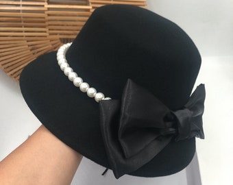 Pearl wool bow fisherman hat black versatile basin hat elegant little hat tide