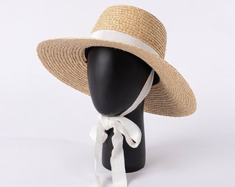 Lafite ruban nœud papillon chapeau filé Dames voyage en plein air plage chapeau de paille