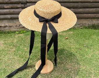 Bow binding pattern woven flat top straw hat outdoor travel beach straw hat
