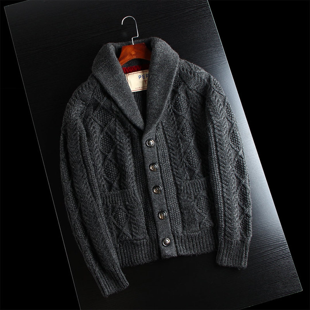 Collared knit cardigan, men's size M unclear Green type dark green Vintage Second Hand