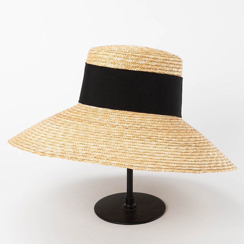 High-quality hand-knitted petal Wheat Straw flat top large eaves basin hat women's fashion big bow beach sun shade straw hat main image 1
