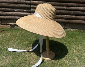 Flat-topped large curved brim hat with binding band hand woven lafite straw hat outdoor tourism beach straw hat