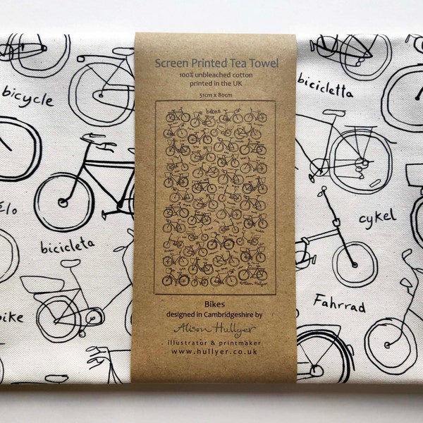 Tea towel - Bikes - screen-printed (cream or white cotton)
