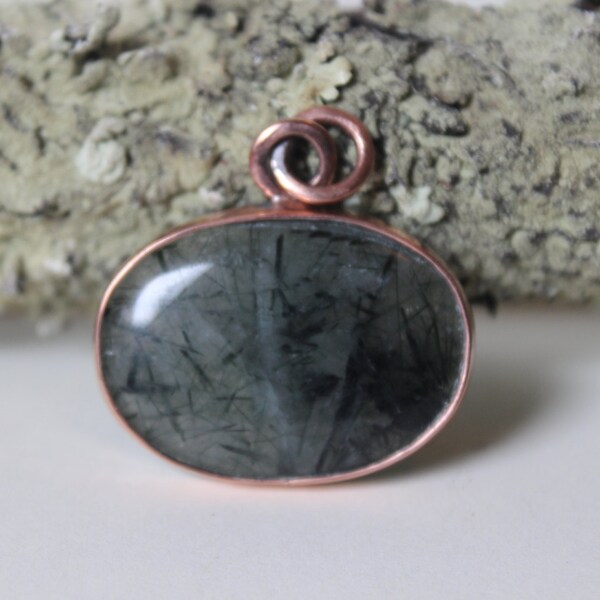 Reserved Lacee Hartman The shield - Necklace Green rutilated quartz Pendant on recycled copper - ancient style-