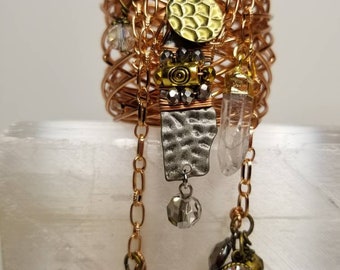 Copper Loc Cuff with hammered metal plus Charm chain Dangles and Clear Quartz Ponytail holder for locs dreads dreadlocks