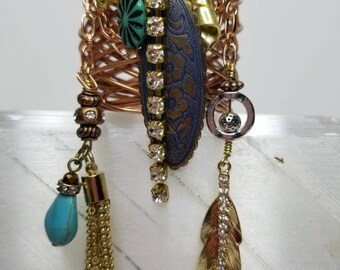 Copper Loc Cuff with hammered metal plus Charm chain Dangles and Clear Quartz Ponytail holder for locs dreads dreadlocks