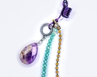 Copper Loc Cuff with hammered metal plus Charm chain Dangles and Clear Quartz Ponytail holder for locs dreads dreadlocks