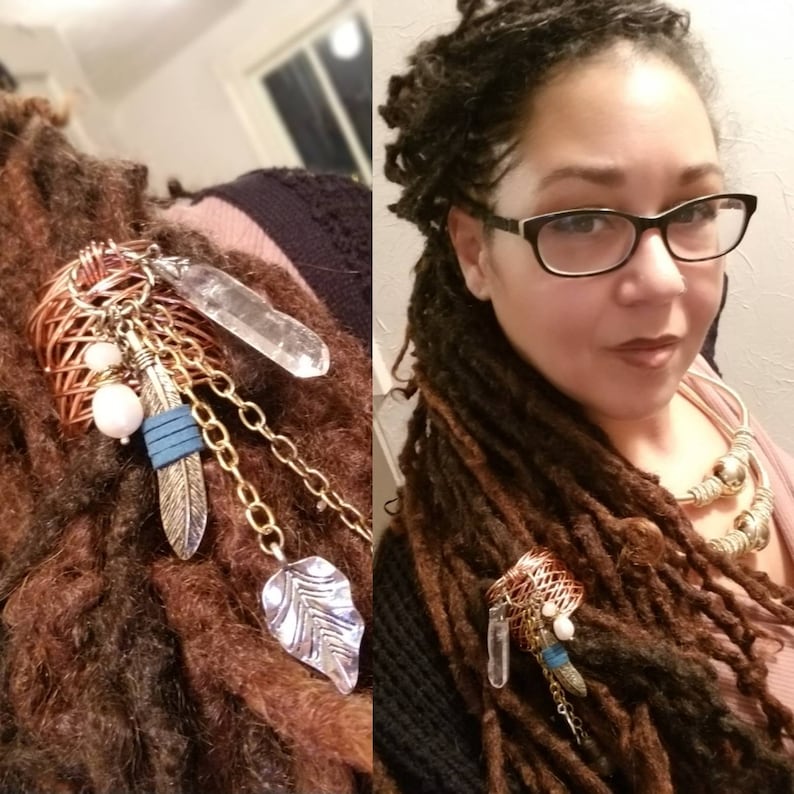 Copper Loc Cuff with hammered metal plus Charm chain Dangles and Clear Quartz Ponytail holder for locs dreads dreadlocks