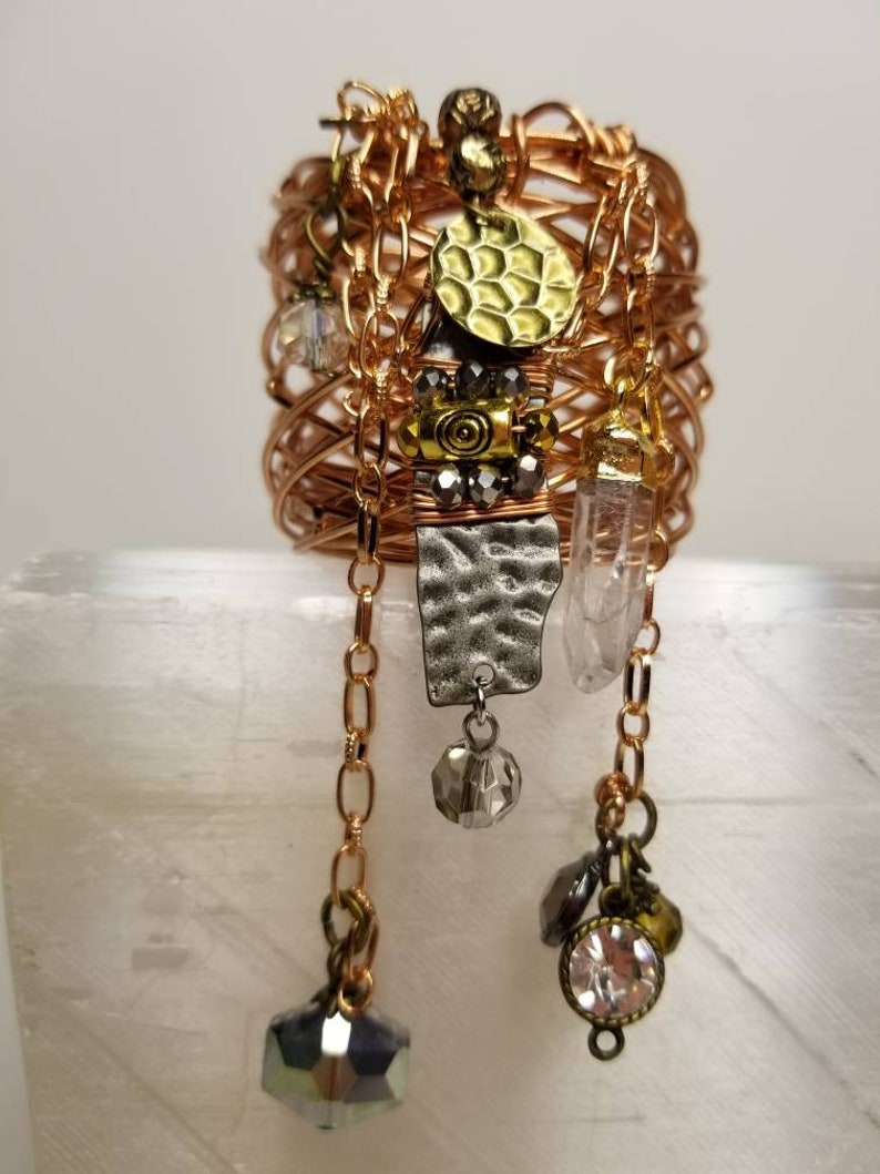 Copper Loc Cuff with hammered metal plus Charm chain Dangles and Clear Quartz Ponytail holder for locs dreads dreadlocks