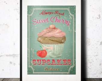 Cherry Cupcake Vintage Cottage Style Wall Art - Kitchen Art - Vintage Pastry / Bakery Graphics Printable Decor - Instant Digital Download