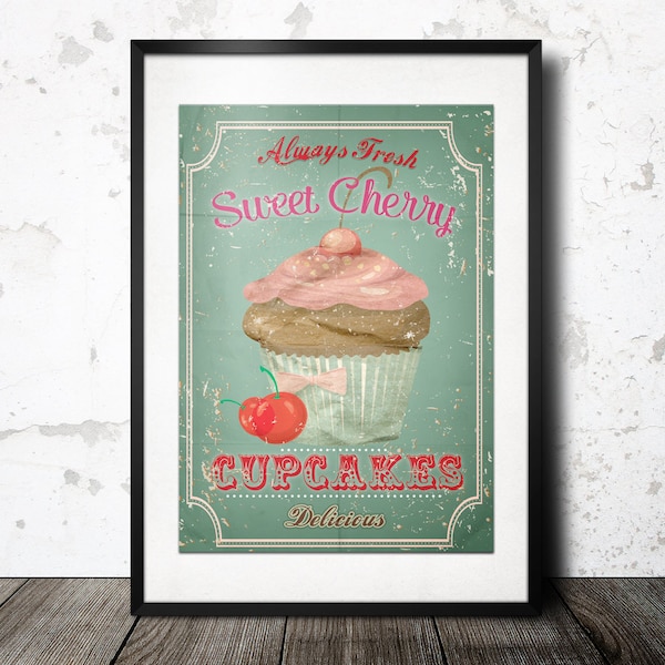 Cupcake cerise Cottage Vintage Style Wall Art - Art de la cuisine - Vintage pâtisserie / boulangerie graphiques imprimables Decor - téléchargement numérique instantané