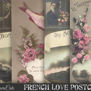 フランスのラブポストカード - 4枚パック - Amour Ephemera ヴィンテージカード - フランス語ラベル - Carte Postale - インスタントデジタルダウンロード - 印刷可能