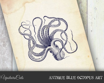 Antique Blue Octopus Print - Vintage Ocean Sealife, Aquatic Illustration Wall Decor, Nautical Art - Instant Digital Download