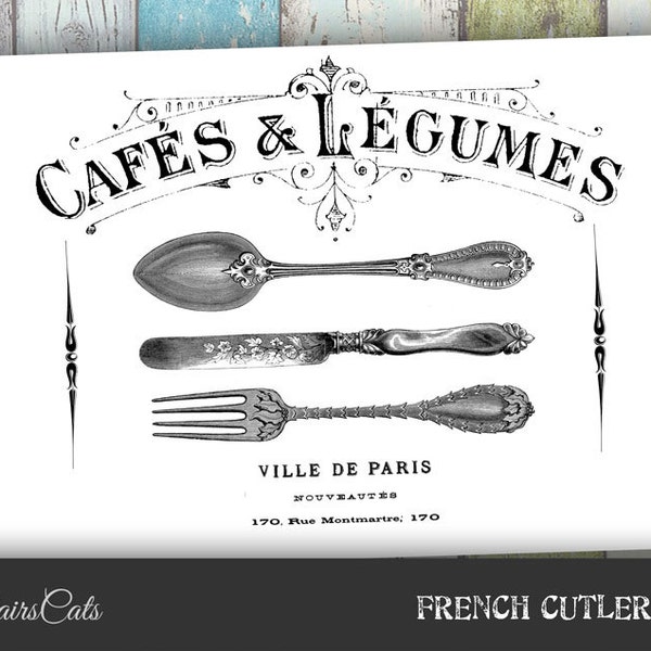 Victorian Kitchen Cutlery and French Label Clipart Graphics - Vintage Antique Printable Graphics Clipart - Instant Digital Download Image.