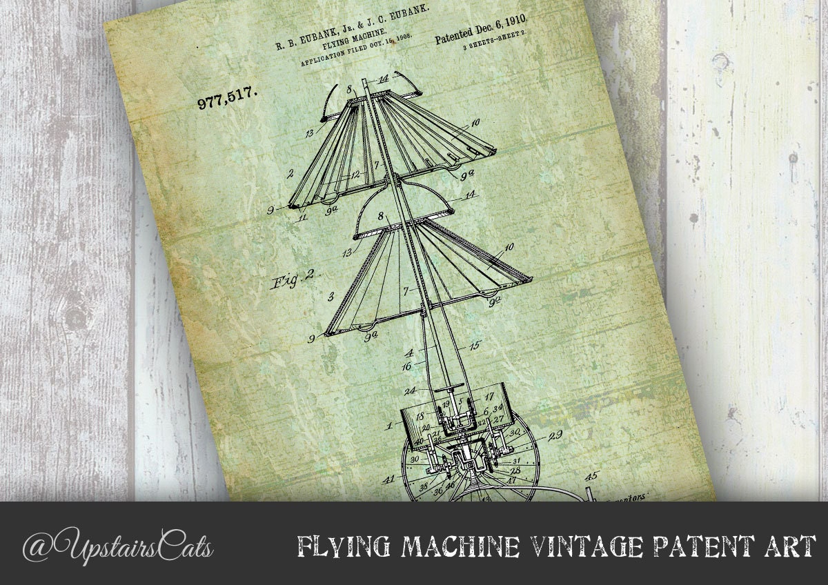 1910 Flying Machine Patent Art Print, Vintage Mechanical Art - A3 & A4 ...