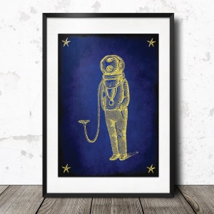 Nautical Vintage Print: Antique Golden Scuba Diver Art. Ocean, Sea Life, Aquatic Illustration Wall Decor - Printable Digital Download