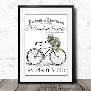 Bicicleta francesa efêmera com buquê de flores em Paris - ilustração de clipart - cartão postal francês desgastado - download digital instantâneo para impressão