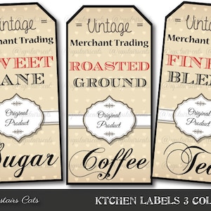 Printable Color Kitchen Labels Digital Collection: Sugar, Coffee, Tea -  Antique Vintage Style Printable Labels / Tags - INSTANT Download