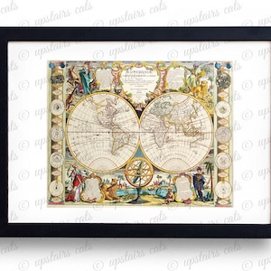 18. Jahrhundert antike Welt Karte doppelt Hemisphäre Digitaldruck - Vintage Wand Kunst, die Druck / druckbare Grafik - sofortige Digital herunterladen.