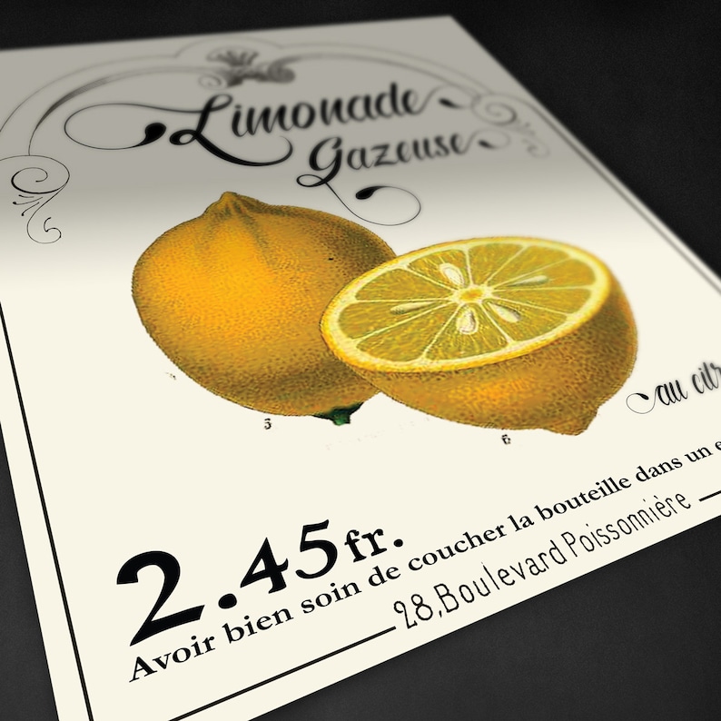 French Lemonade Vintage Sign Lemon Fruits Menu Kitchen Wall Art
