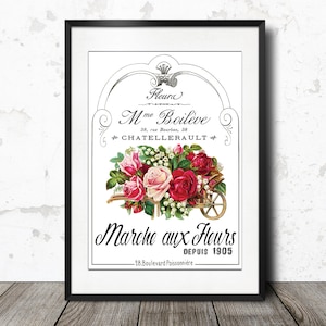 Arte da parete grafica vintage con rosa francese "Marche aux Fleurs" - Decorazione per la casa provenzale Trasferimento francese antico - Download e stampa istantanei