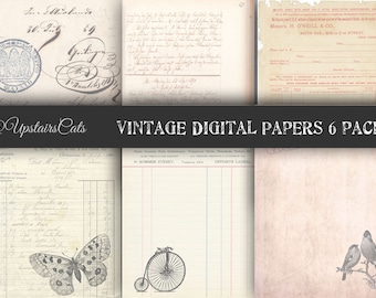 6 Ephemera Distressed Vintage Digital Papers Pack - Digital Background Old Vintage Paper - French Antique Papers Instant Download Printable