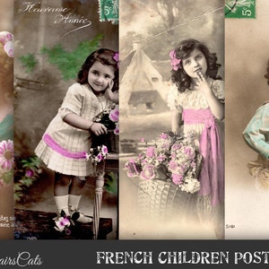 French Ephemera Postcards Children with Flower Bouquets - Vintage Cards - Carte Postale - Instant Digital Download - Printable
