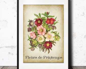 Vintage French Flower Bouquet Decor - Fleurs de Printemps - Old French Ephemera Label - Antique Wall Art - Instant Digital Download