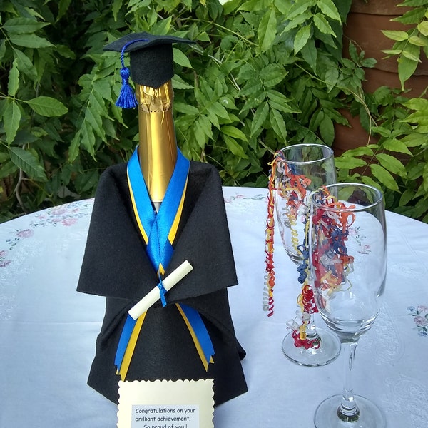 Graduation Bottle Cover Set. Grad Gift for him / Grad Gift for her. Gown, Cap and Diploma.  Set to fit wine/champagne bottles