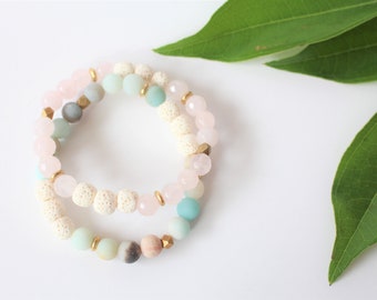 Amazonite & Rose Quartz Essential Oil Diffuser Bracelet Set / Lava Jewelry / Oil Diffuser Jewelry / Lava Diffuser