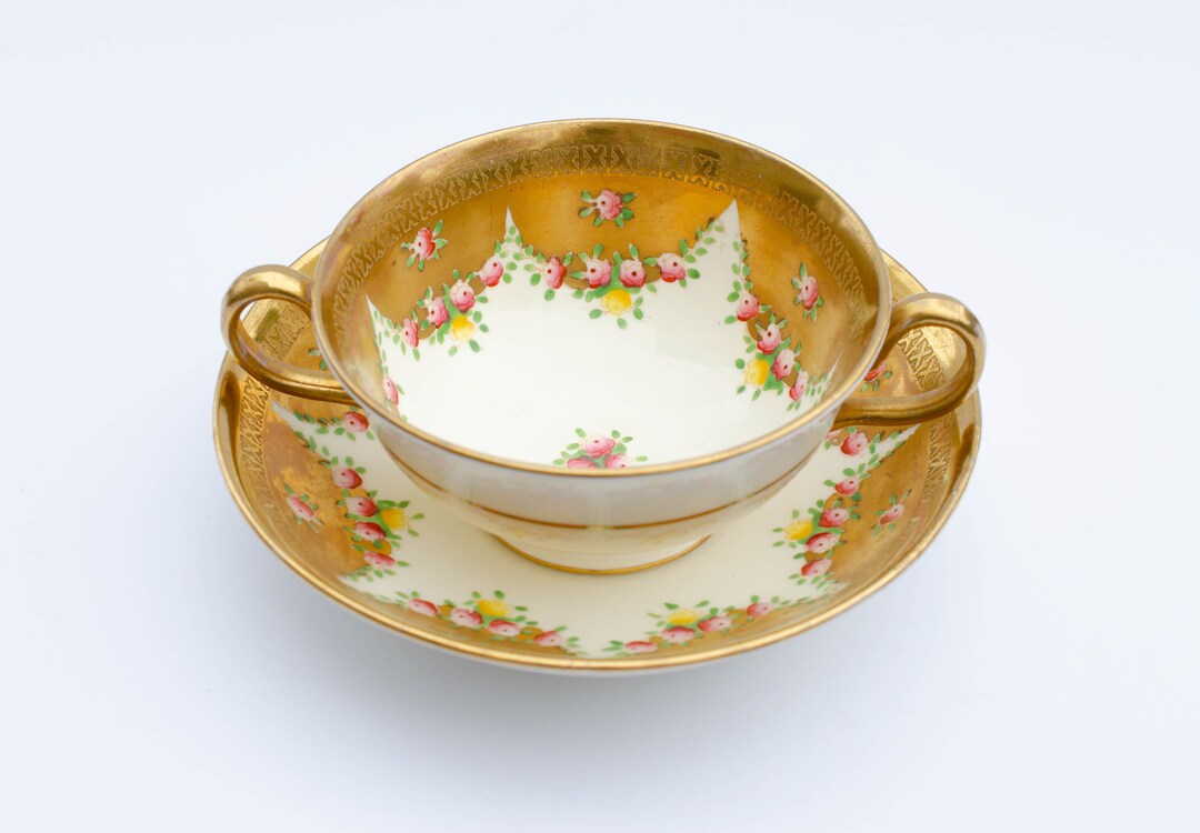 Antique French Deco Encrusted Gold Two Handled Handpainted Bouillon