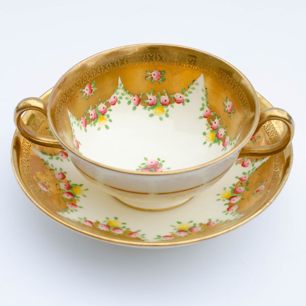 Ensemble de tasses et soucoupes à bouillon peintes à la main à deux poignées en or incrusté de déco française antique, tasse à consommé
