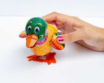 Vintage Litho Tin Duck Toy - 1960s Wind Up toy - Walking Tin Duck