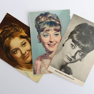 Vintage Postkarten der Sowjetunion mit der berühmten FilmSchauspielerin Anastasiya Vertinsky, 1960er Jahre Set von 3, seltene russische Film-Erinnerungsstücke