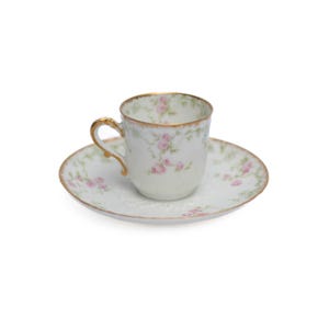 Rare Antique GDA Haviland Limoges Demitasse Cup & Saucer with Textured Accents Rose Princess White, Pink, Green, Gold, Hand-Painted, France