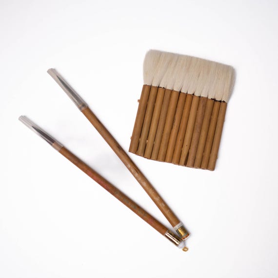 ヴィンテージ中国書道筆セット – 丸竹筆2本 + メルルーサ筆1本