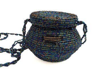 Vintage African Beaded Basket Purse Peacock Seed Bead Mini Bag