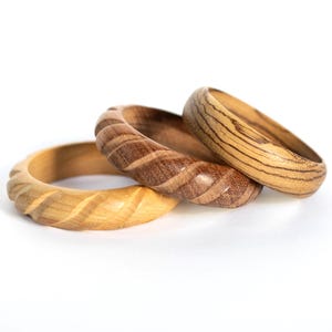 Set of Vintage Carved Wood Bangle Bracelets, Wooden Bohemian Jewelry