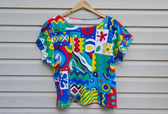 1980s French Mod Style Abstract T-Shirt, Loose Fi… - image 1