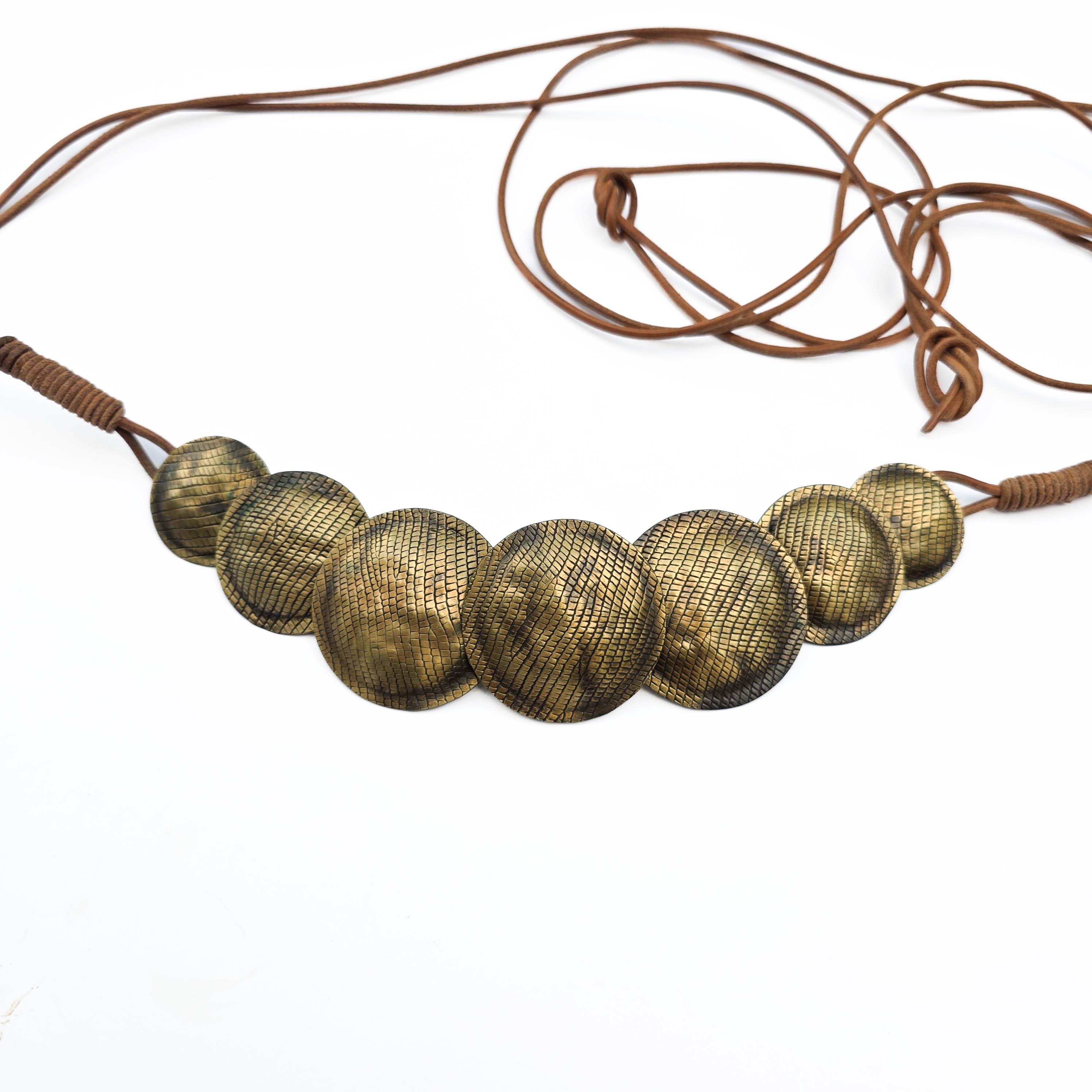 Vintage Boho Cord Belt Hammered‎ Brass Tone Disc Chain Hip Waist Belt 31.5 Celestial Crescent Moon Chain Belt, Costume Jewelry, Boho  main image 2