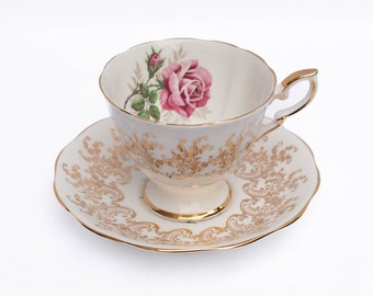Royal Standard Footed Teacup & Saucer Pink Rose with Gold Lace Scrolls Scalloped Rim, England